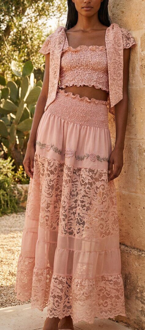 Top Fiocco e Gonna Lunga Rosa Pizzo Fiori Ricami Glitter
