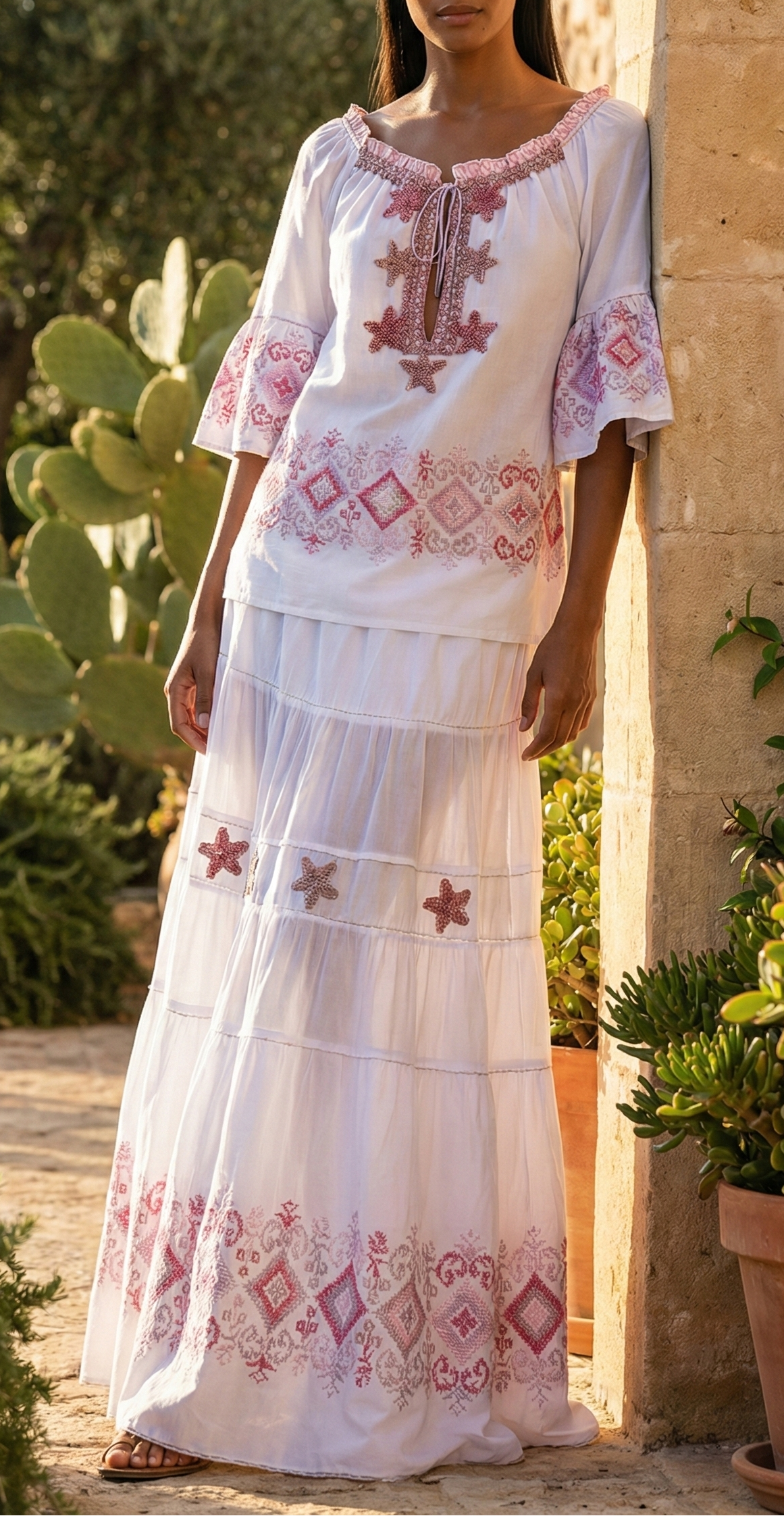 Casacca e Gonna Lunga Bianca Punto e Croce Rosa