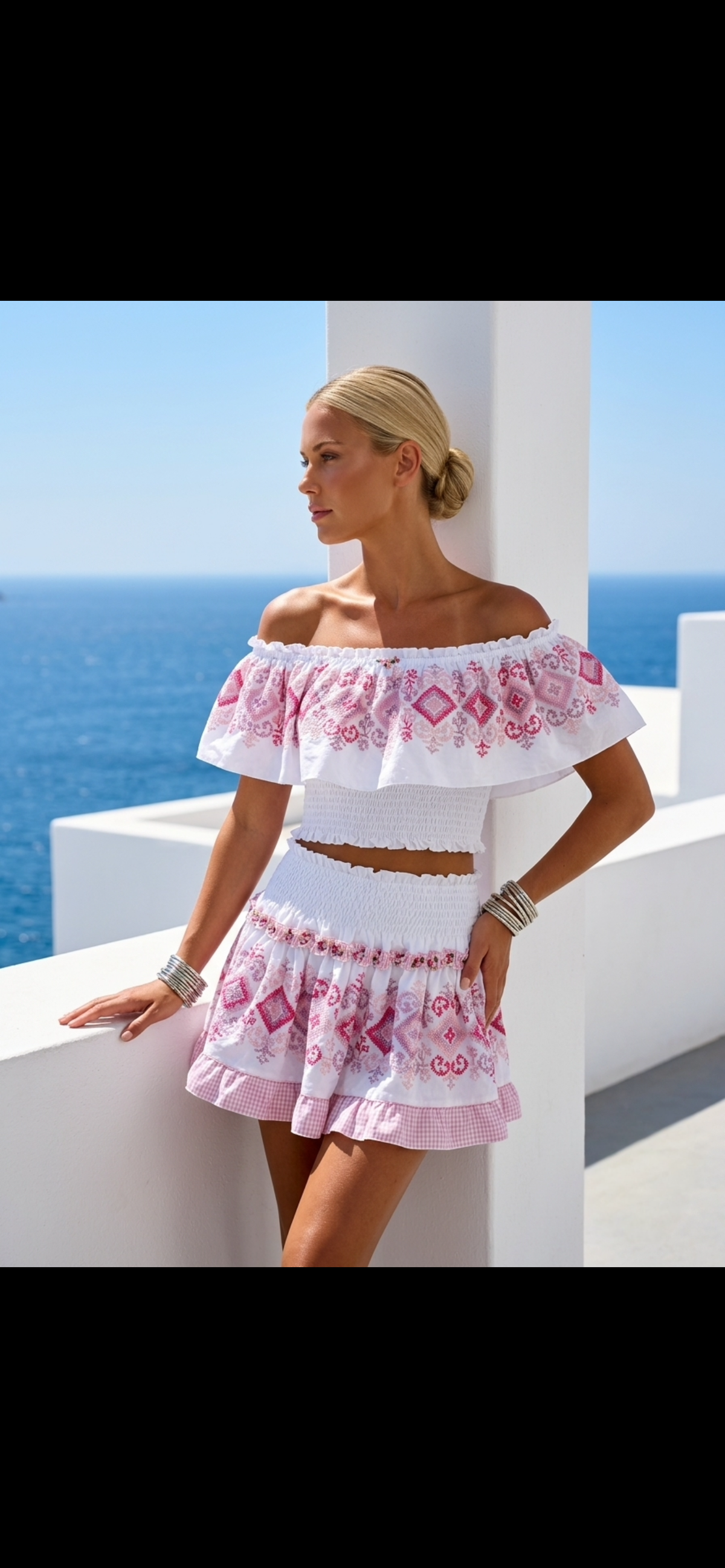 Pink Cross-Stitch Crop Top and White Mini Skirt