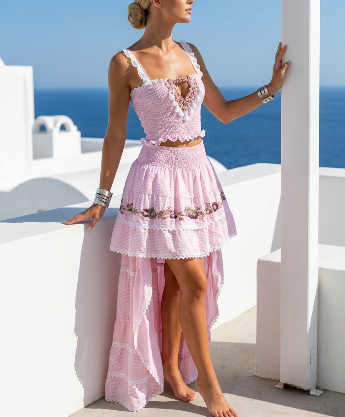 Gingham Pattern Crop Top and Long Circle Skirt with Embroidery