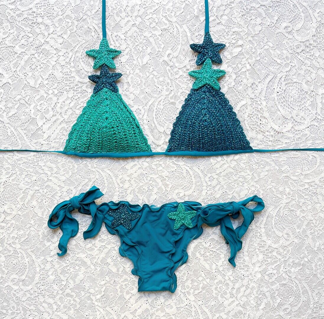 Two-Tone Petrol Blue Glitter Star Triangle Bikini