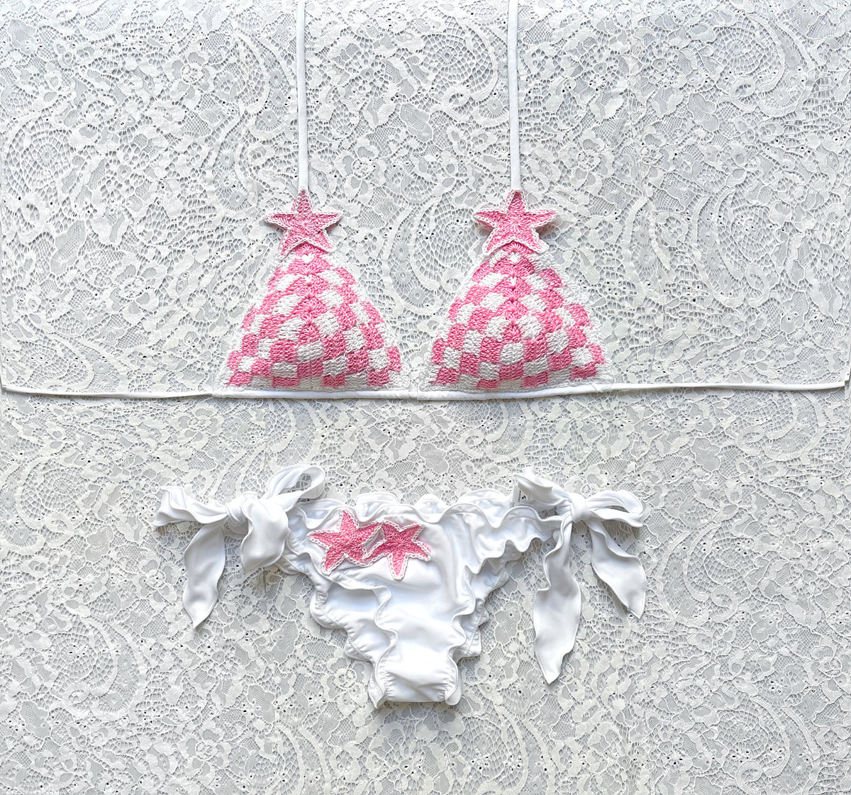 Bikini Triangolo Quadretti Bianco e Rosa