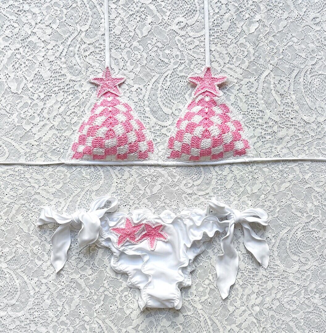 Bikini Triangolo Quadretti Bianco e Rosa