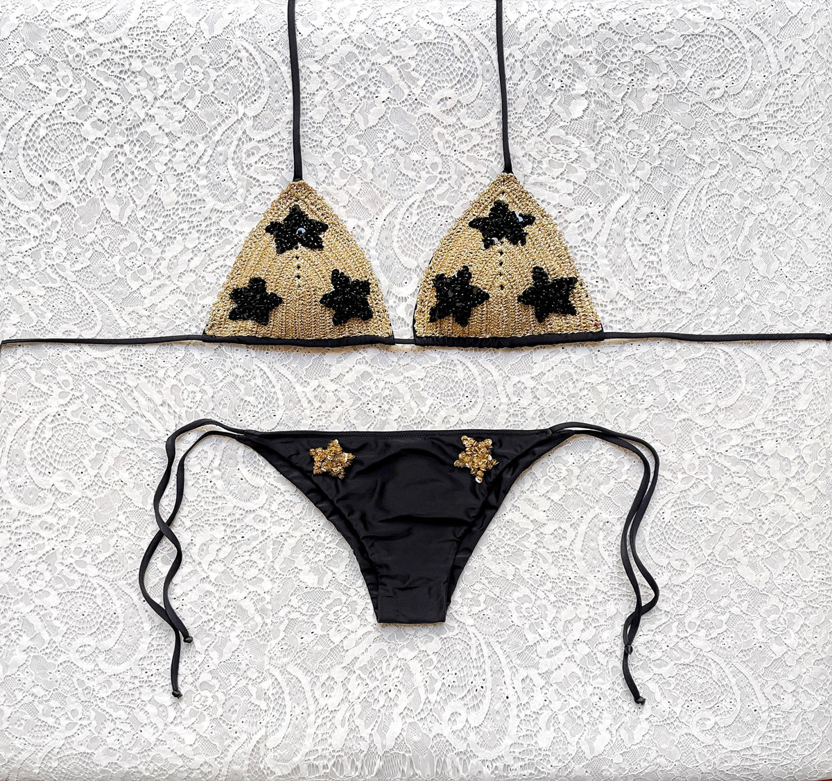 Gold and Black Sequin Star Triangle Bikini with Glitter Cup