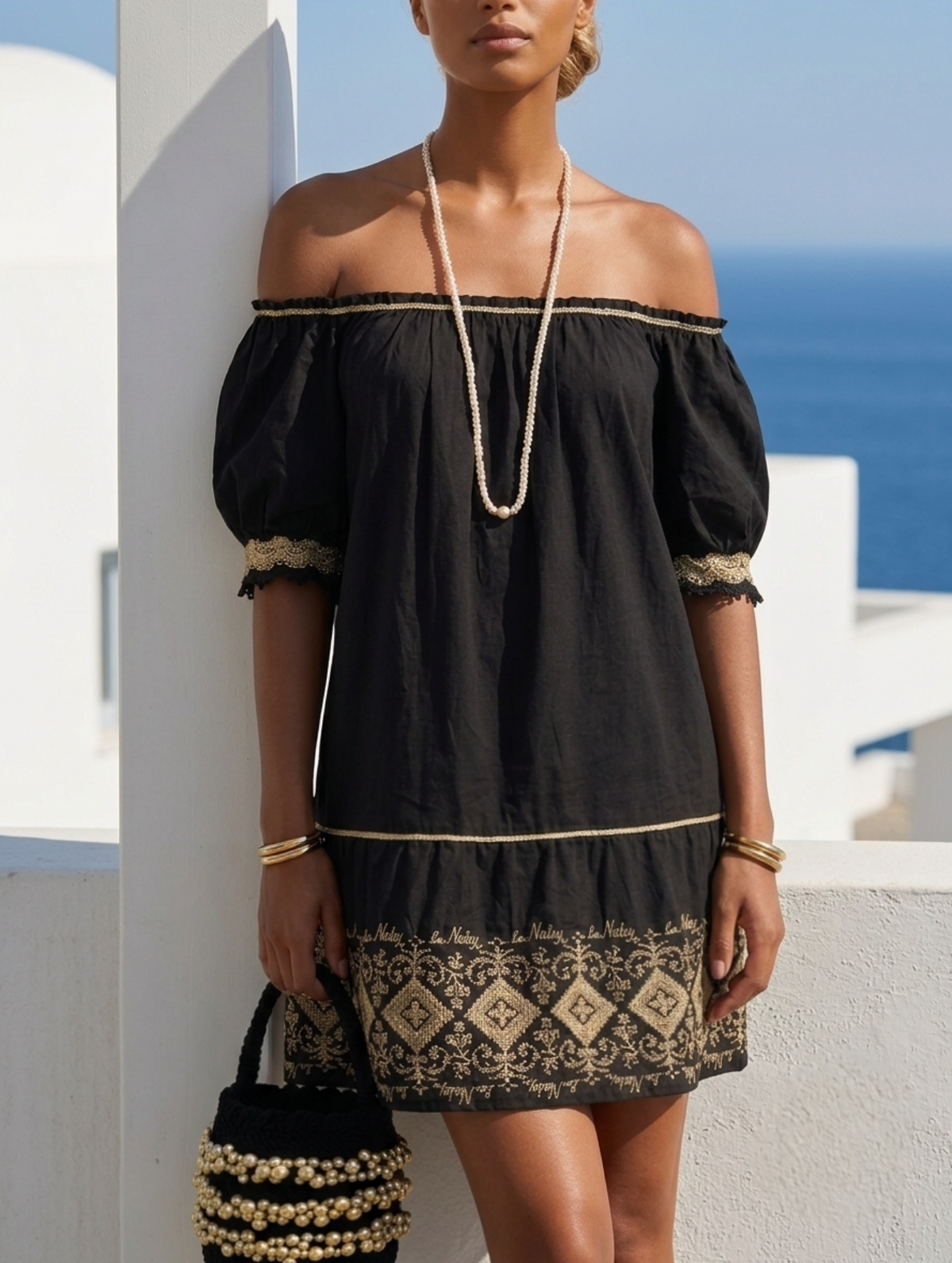 Mini Dress Nero Punto e Croce Oro Scollo Barca
