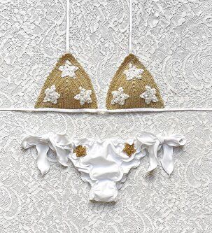 Bikini Triangolo Stelle Paillettes Coppa Glitter Bianco Oro Stelline Bianche