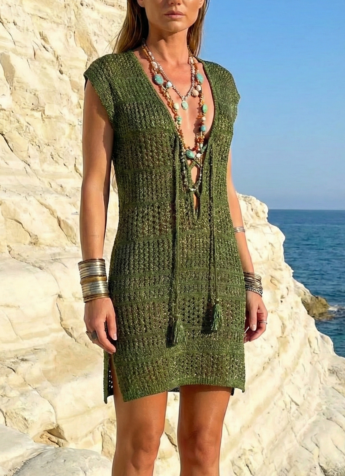 Army Green Luxury Short Glitter Net Dress