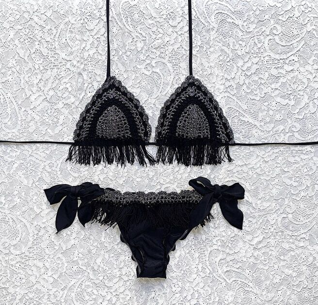 Bikini Triangolo Gipsy Frange Nero e Grigio Scuro