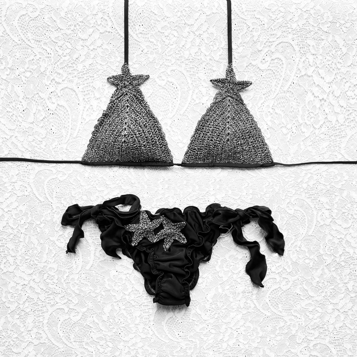 Black Dark Silver Luxury Glitter Star Triangle Bikini