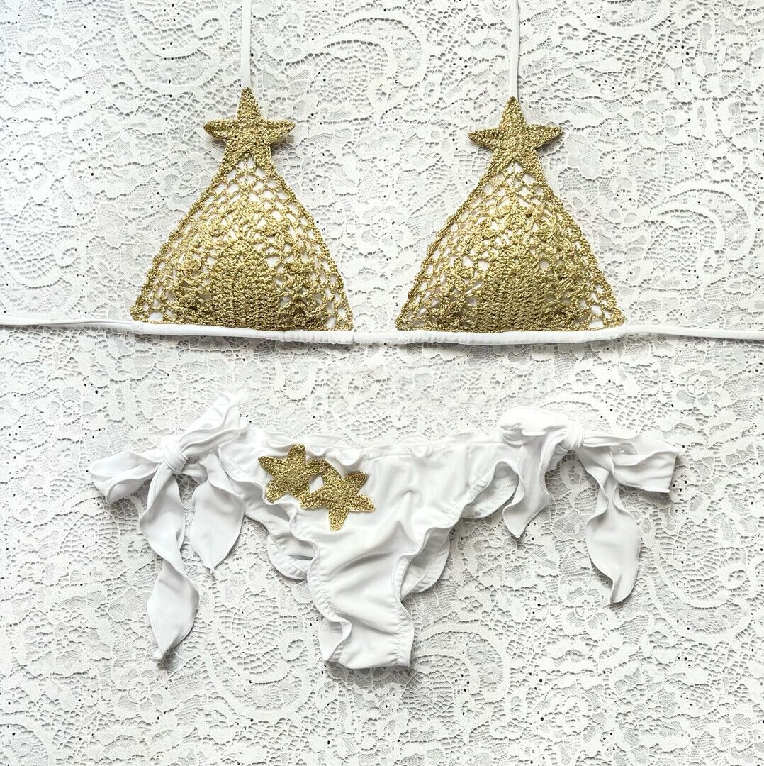 White and Gold Luxury Baroque Glitter Triangle Bikini
