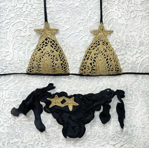 Black and Gold Luxury Baroque Glitter Triangle Bikini
