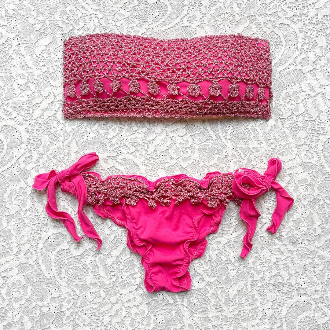 Fuchsia Luxury Baroque Glitter Bandeau Bikini