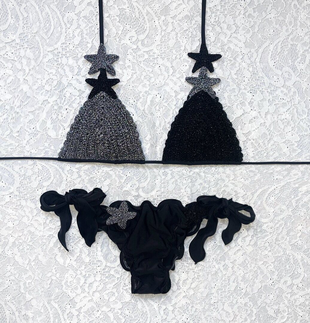 Black and Dark Grey Bicolor Glitter Star Triangle Bikini