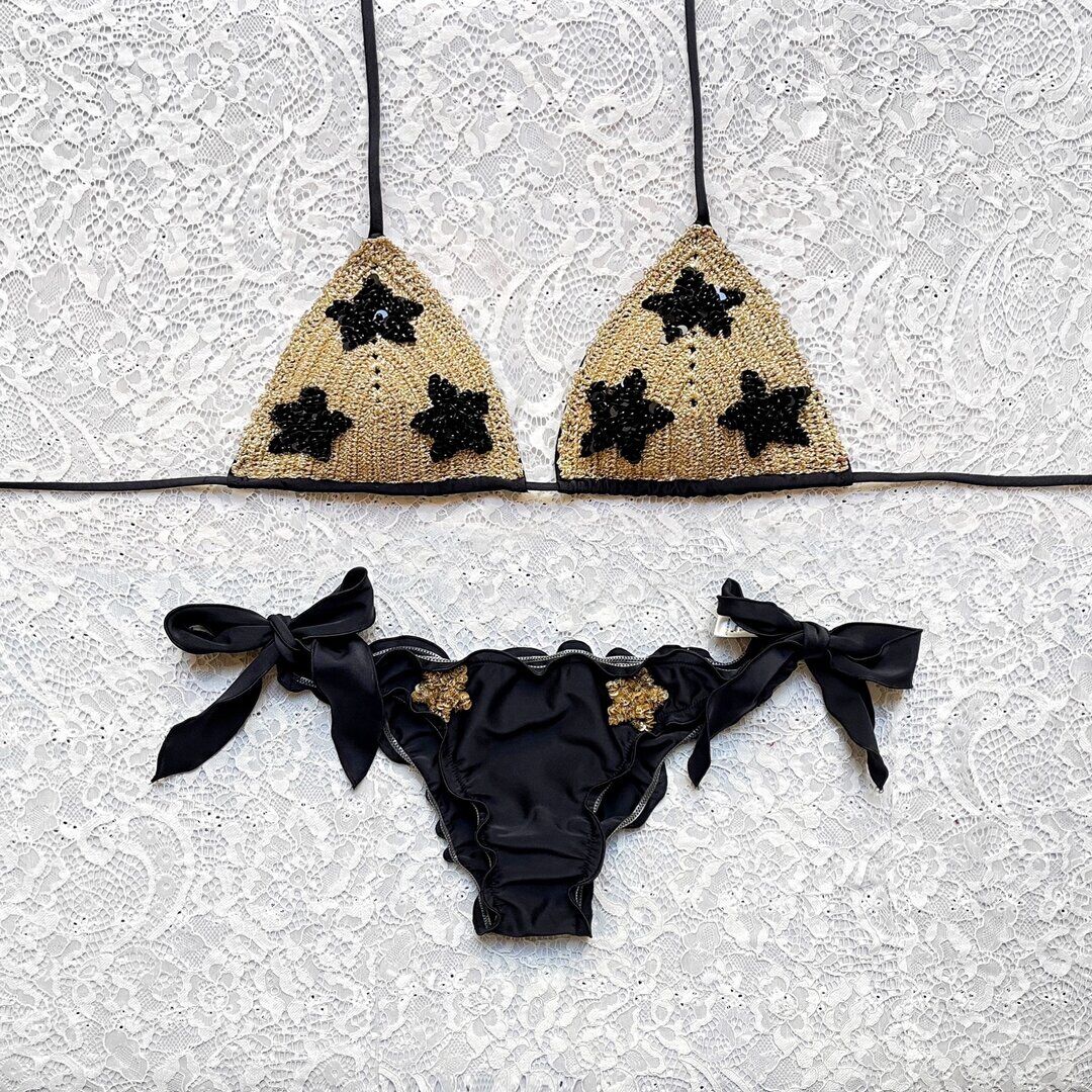 Gold and Black Sequin Star Triangle Bikini with Glitter Cup