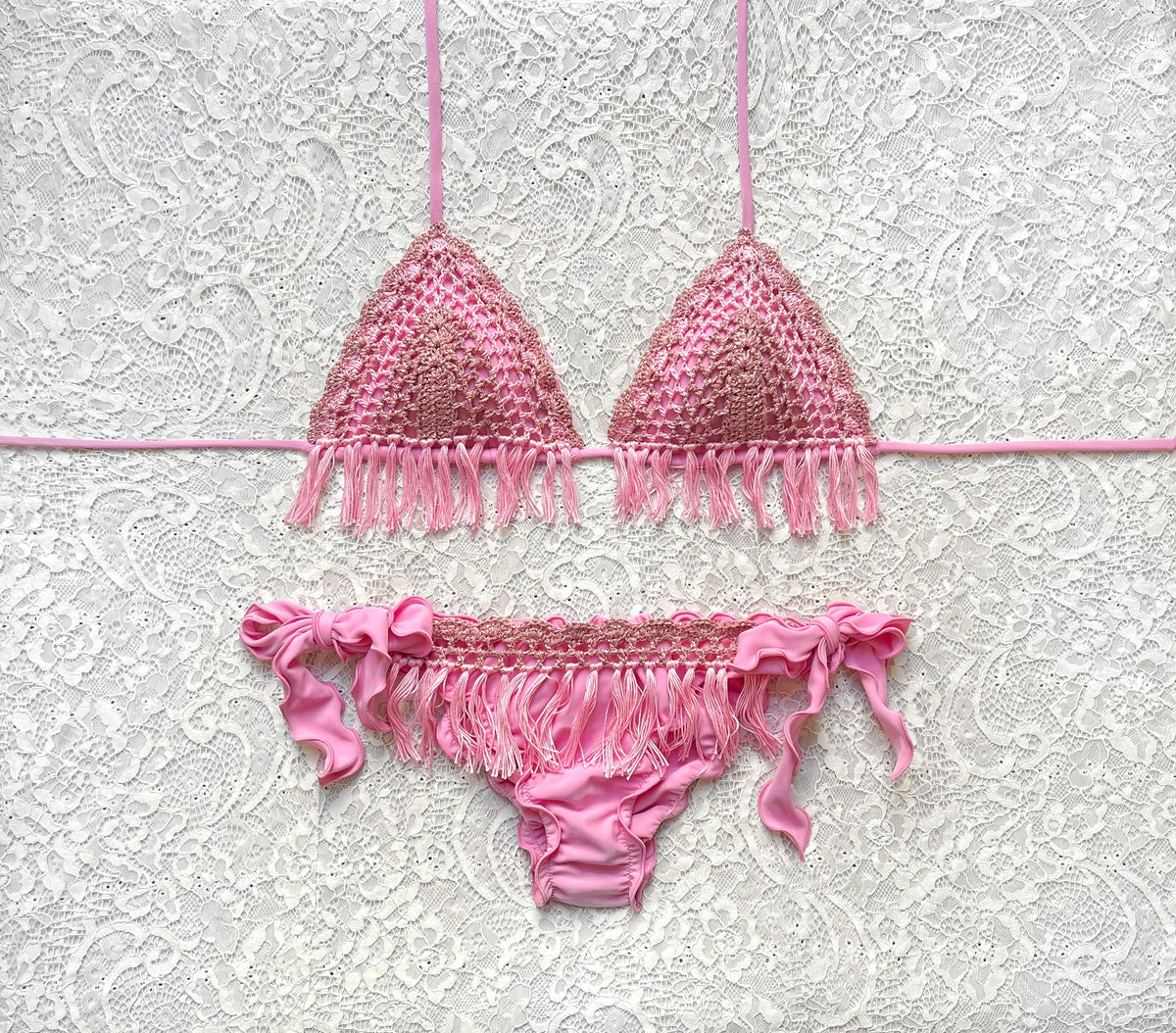 Bikini Triangolo Gipsy Frange Rosa Confetto