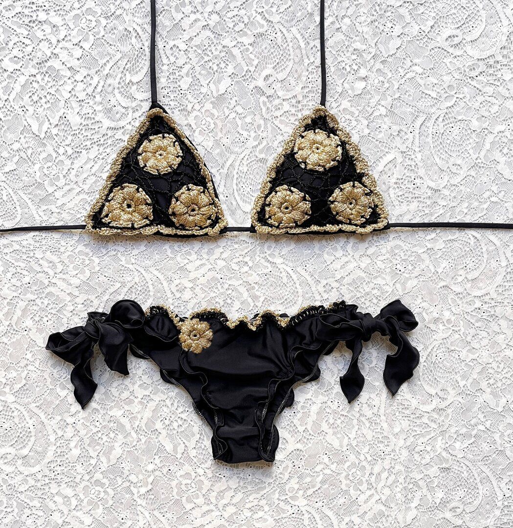 Black and Gold Rose Window Triangle Bikini