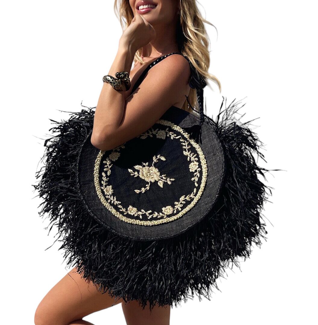 Borsa Rafia Nera Ricami Flora Oro Glitter