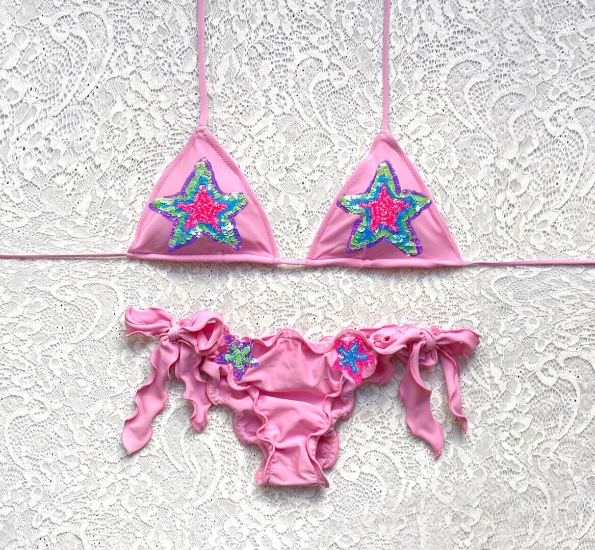 Bikini Triangolo Stella di Paillettes Rosa Confetto
