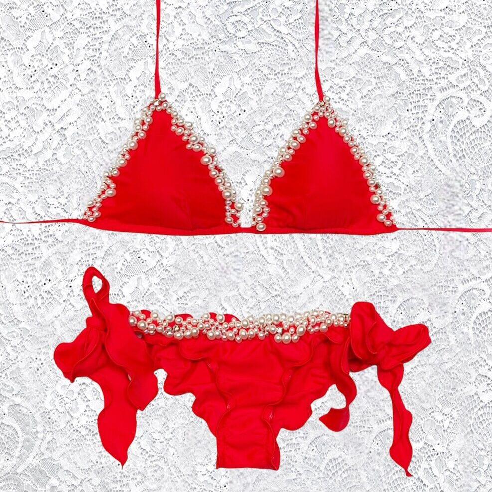 Bikini Triangolo Perle Rosso