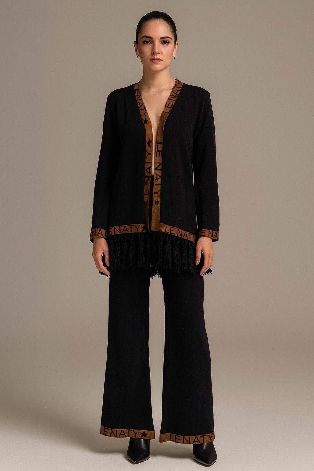 Cardigan Frange Nero e Biscotto