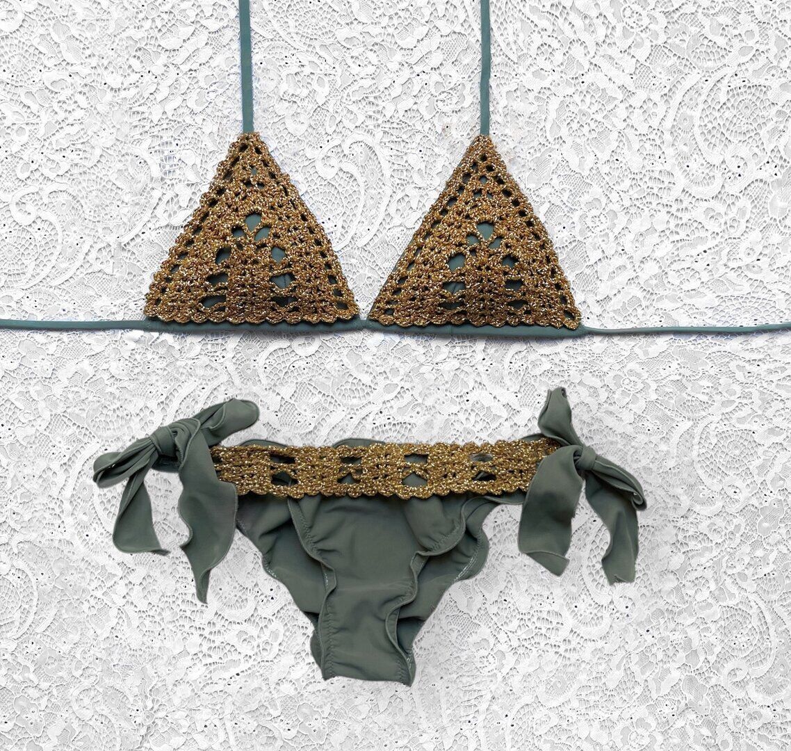 Bikini Triangolo Net Verde Army e Oro Antico