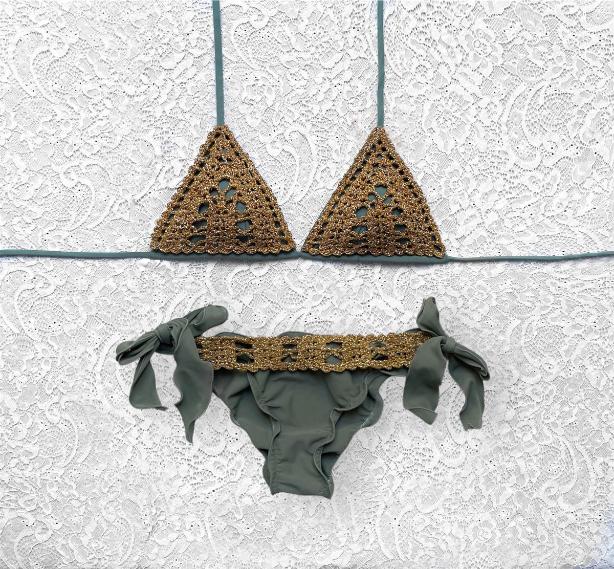 Bikini Triangolo Net Verde Army e Oro Antico