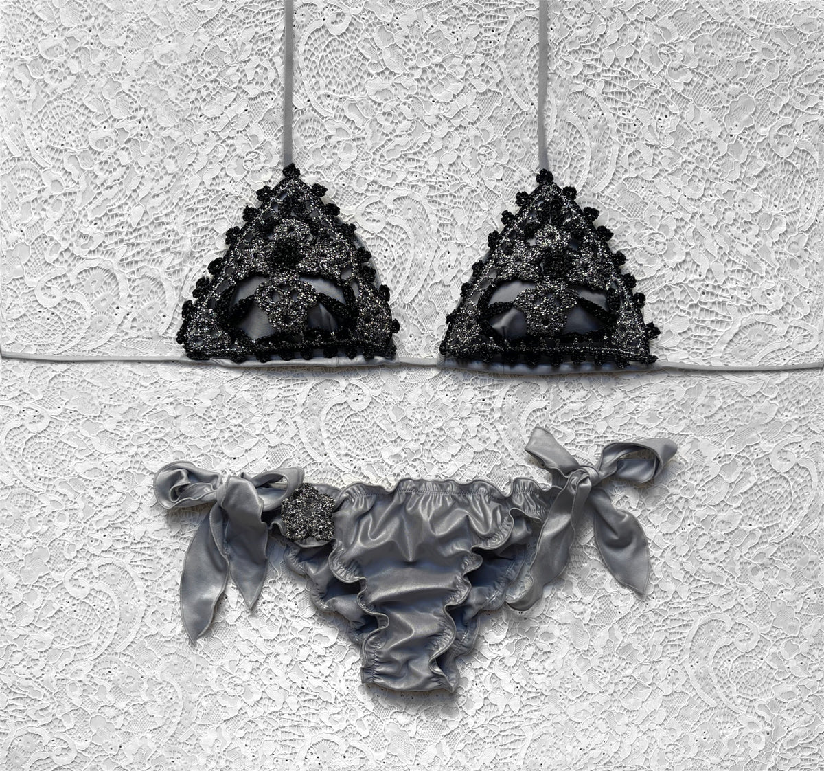 Dark Grey Lamé and Black Bicolor Pansy Triangle Bikini Limited Edition
