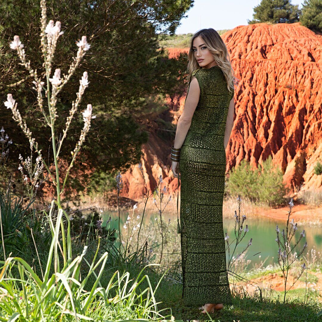 Luxury Long Army Green Glitter Net Dress