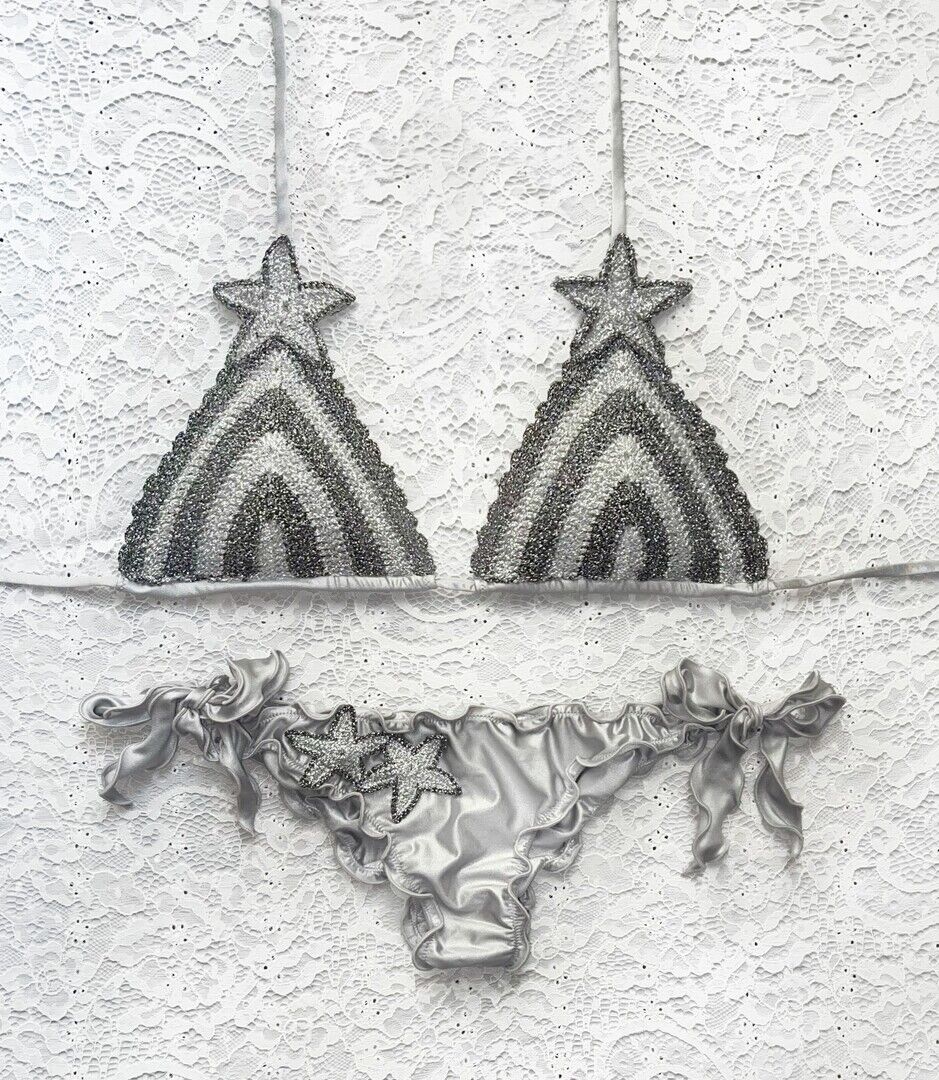 Bikini Triangolo Glitter Star Righe Argento e Grigio Scuro