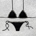 Bikini Triangolo Perle D'argento Nero L.S