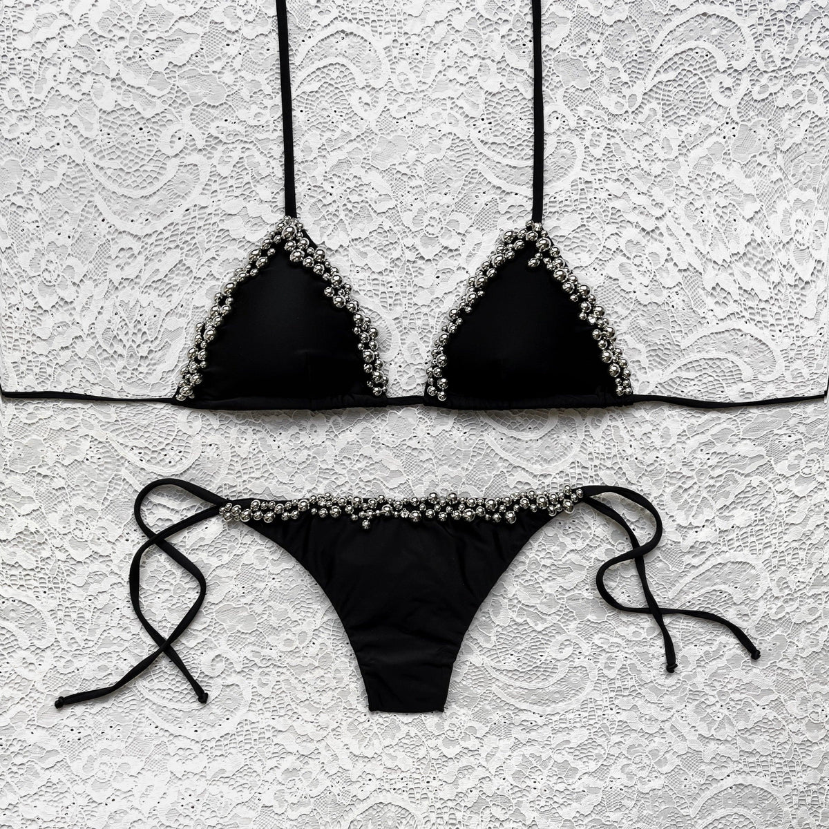 Bikini Triangolo Perle D'argento Nero L.S
