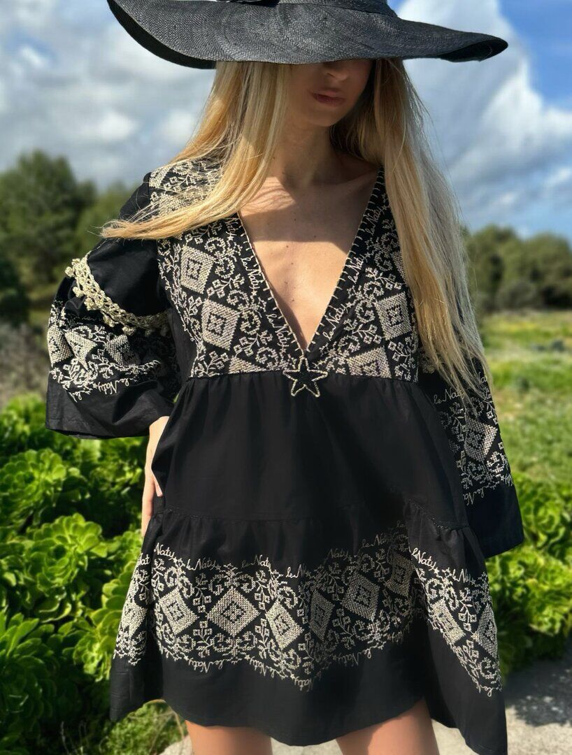 Mini Dress Nero Punto e Croce Oro