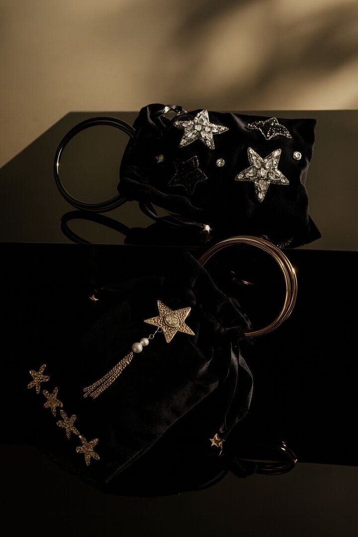 Black Velvet Mini Bag with Gold Stars