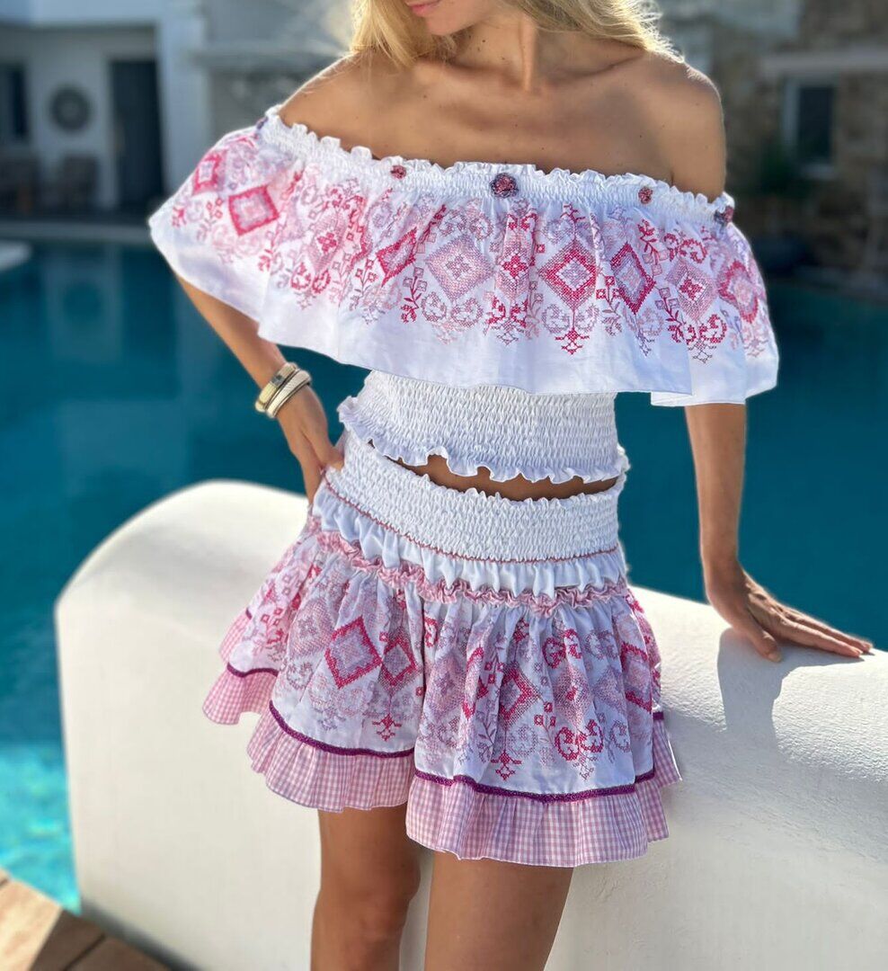 Pink Cross-Stitch Crop Top and White Mini Skirt