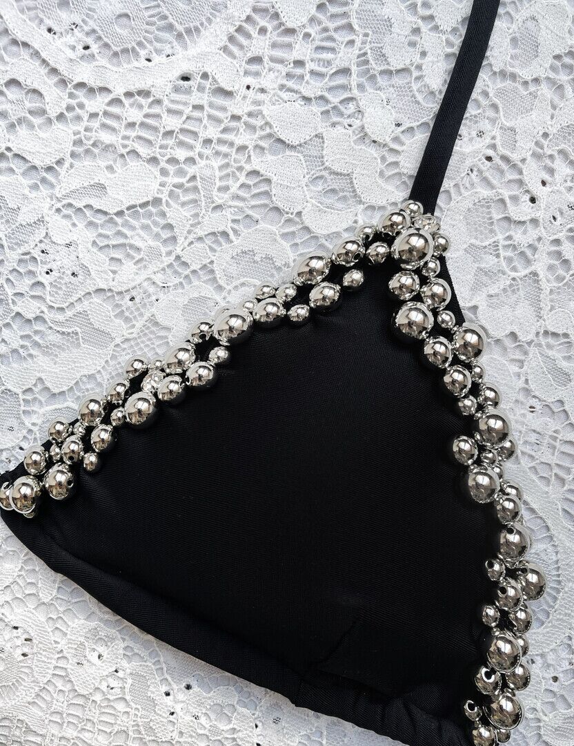 Bikini Triangolo Perle D'argento Nero L.S